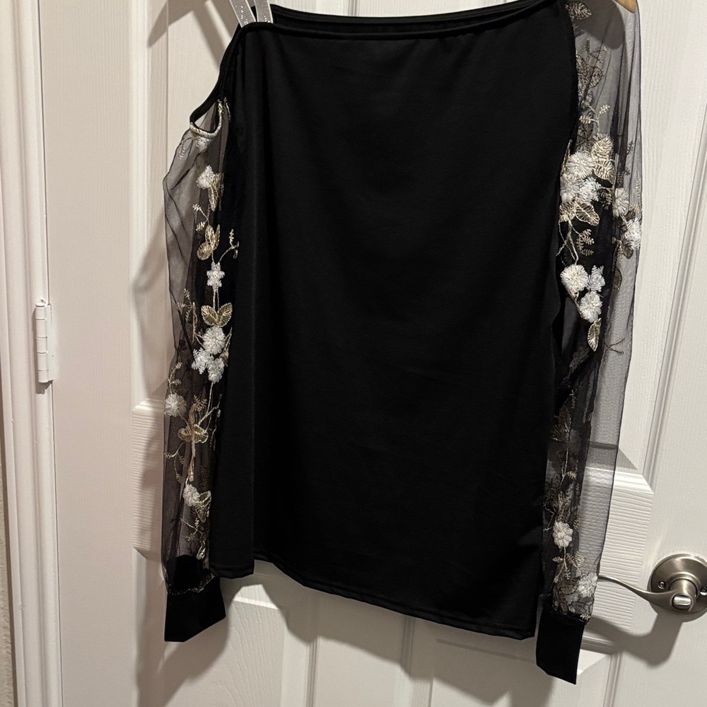 Black Off-Shoulder Top with Floral Embroidered Sleeves